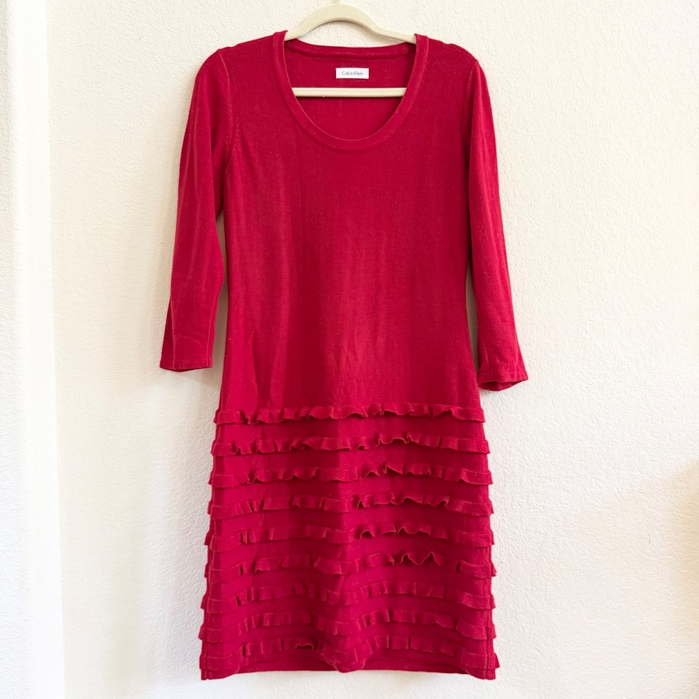 Calvin Klein Red Ruffle Tiered Hem Scoop Neck 3/4 Sleeve Sweater Dress